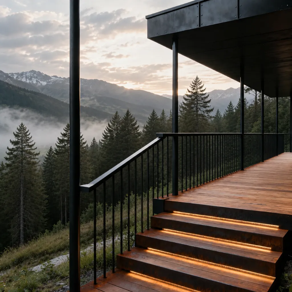 Outdoor wooden stairs with black railings and illuminated treads