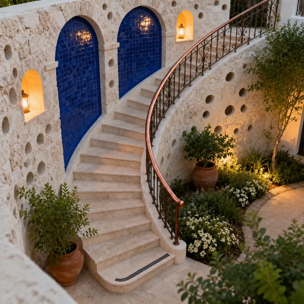 Curved outdoor stone staircase beside a building