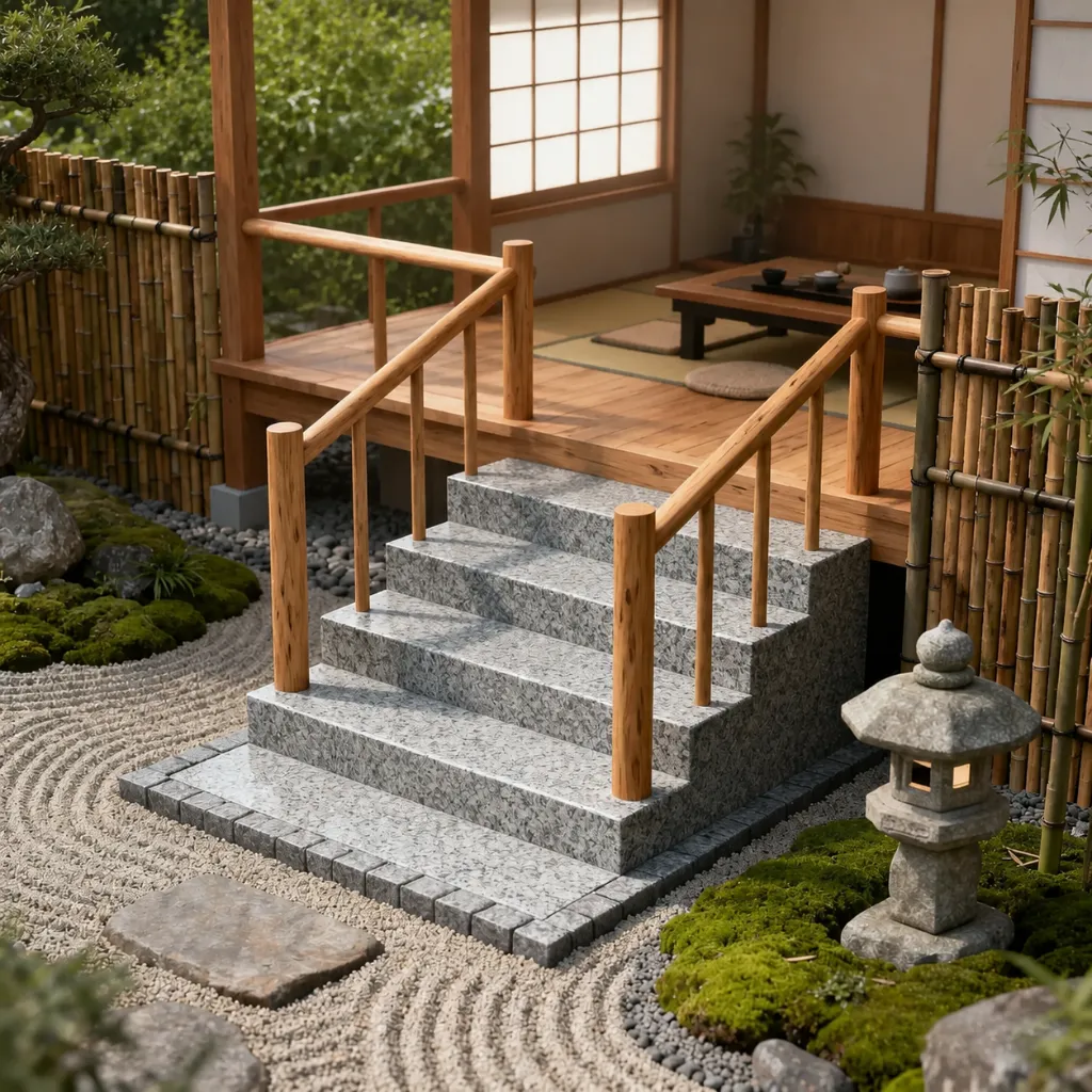 Stone entrance steps with wooden handrails beside a garden