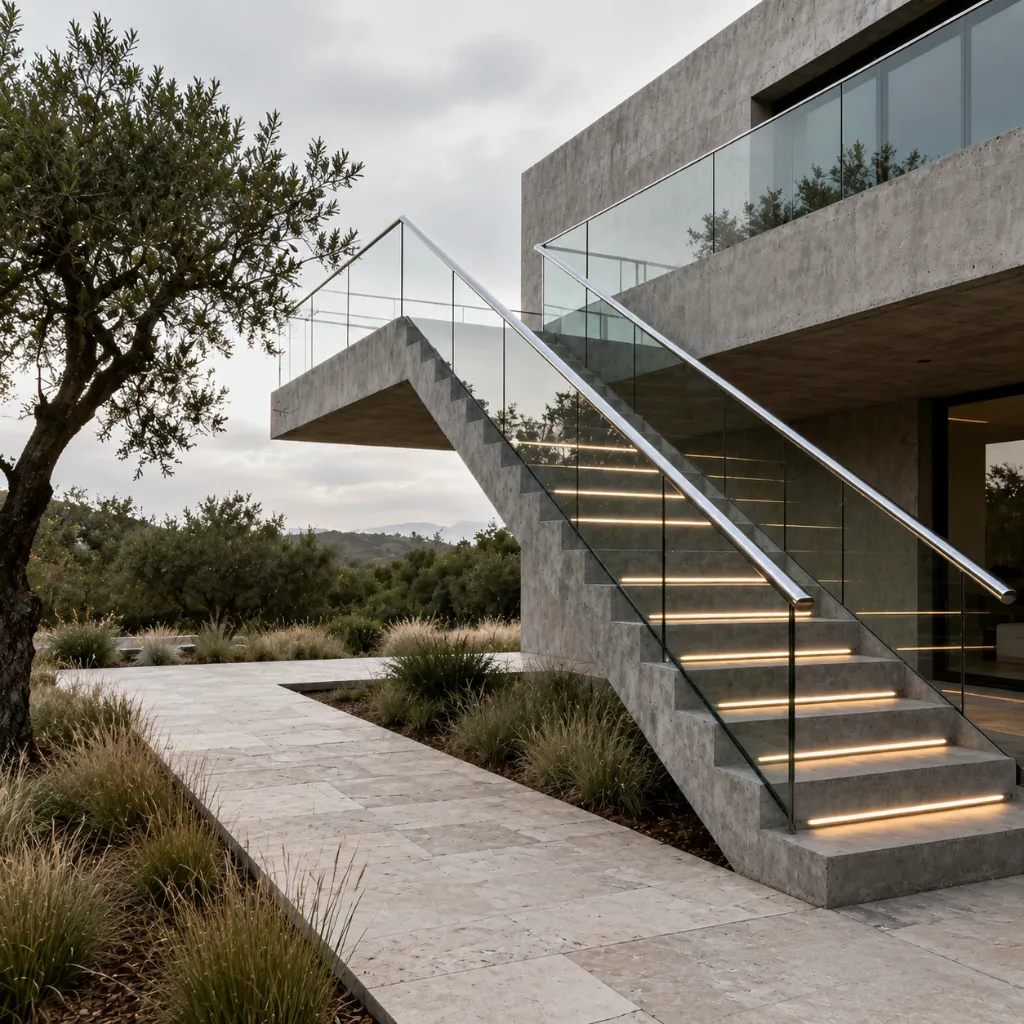 Outdoor staircase with illuminated steps and glass railings