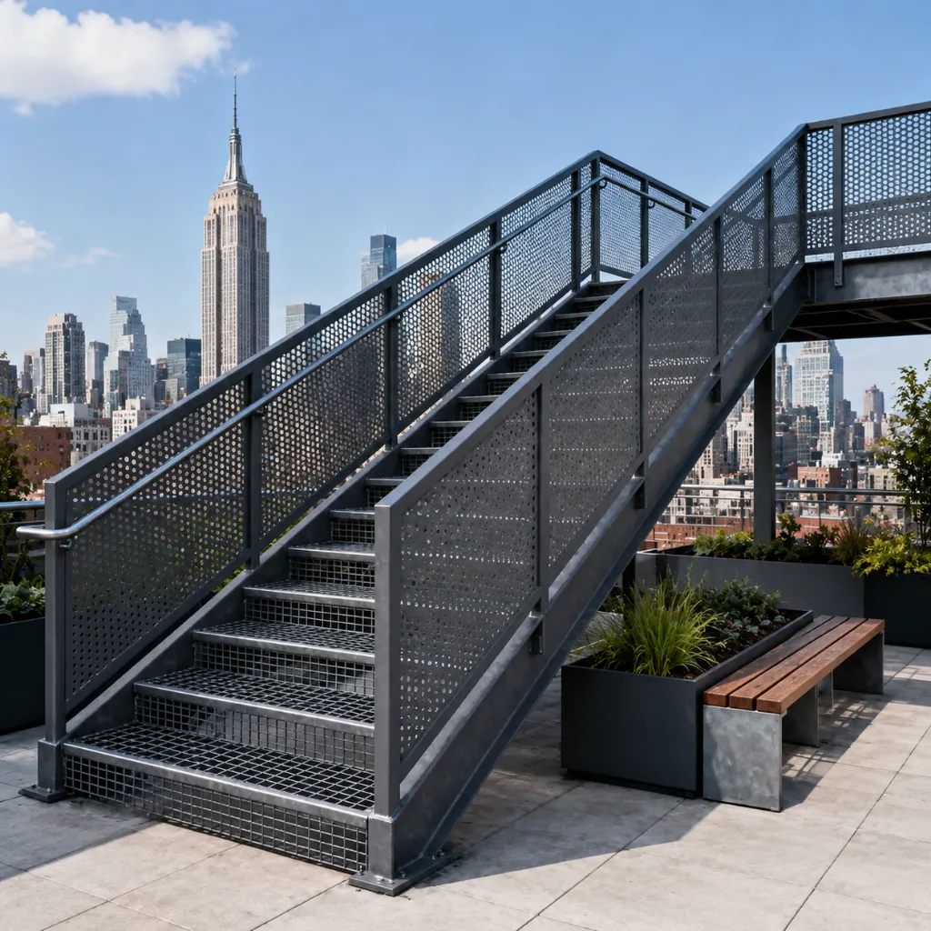 Outdoor metal staircase with handrails beside a city terrace
