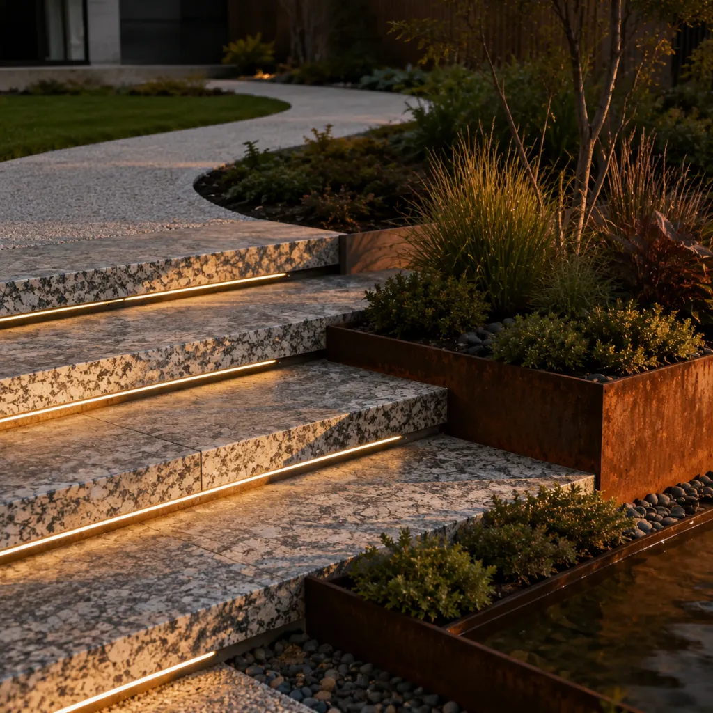 Garden stone steps with warm edge lighting