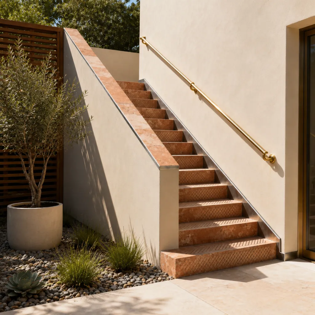 Narrow outdoor staircase with wooden steps beside a wall