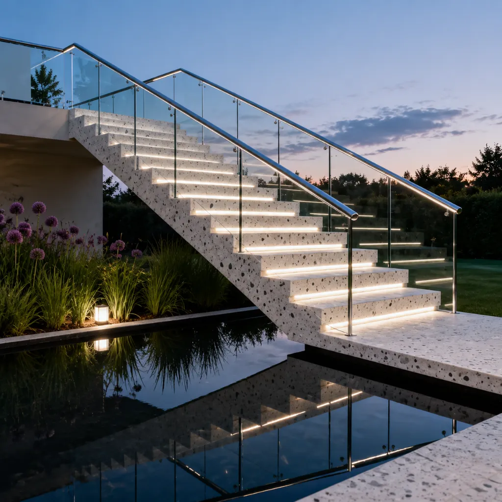 Exterior staircase with glass railings beside a pool