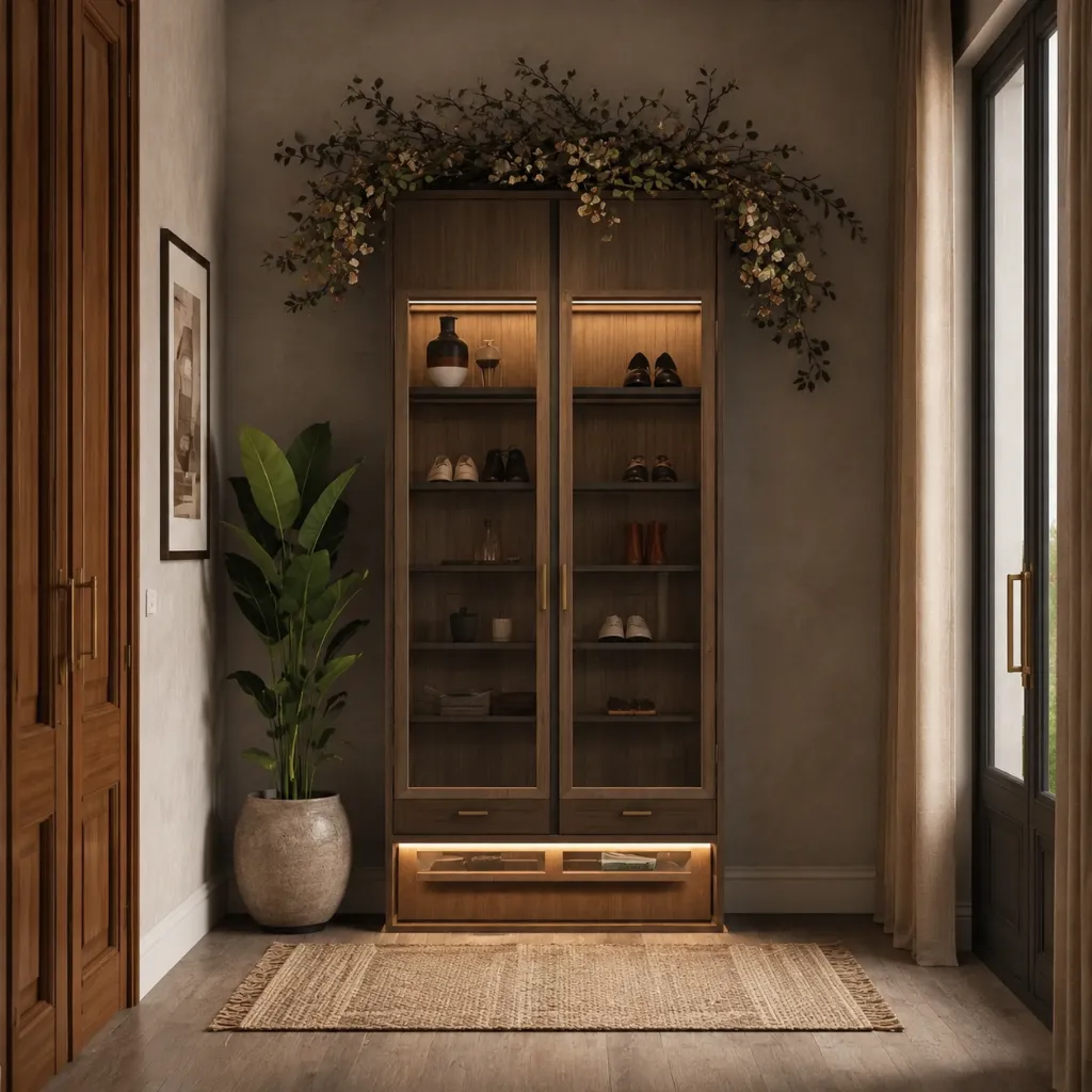 Tall dark wooden shoe cabinet in an entryway