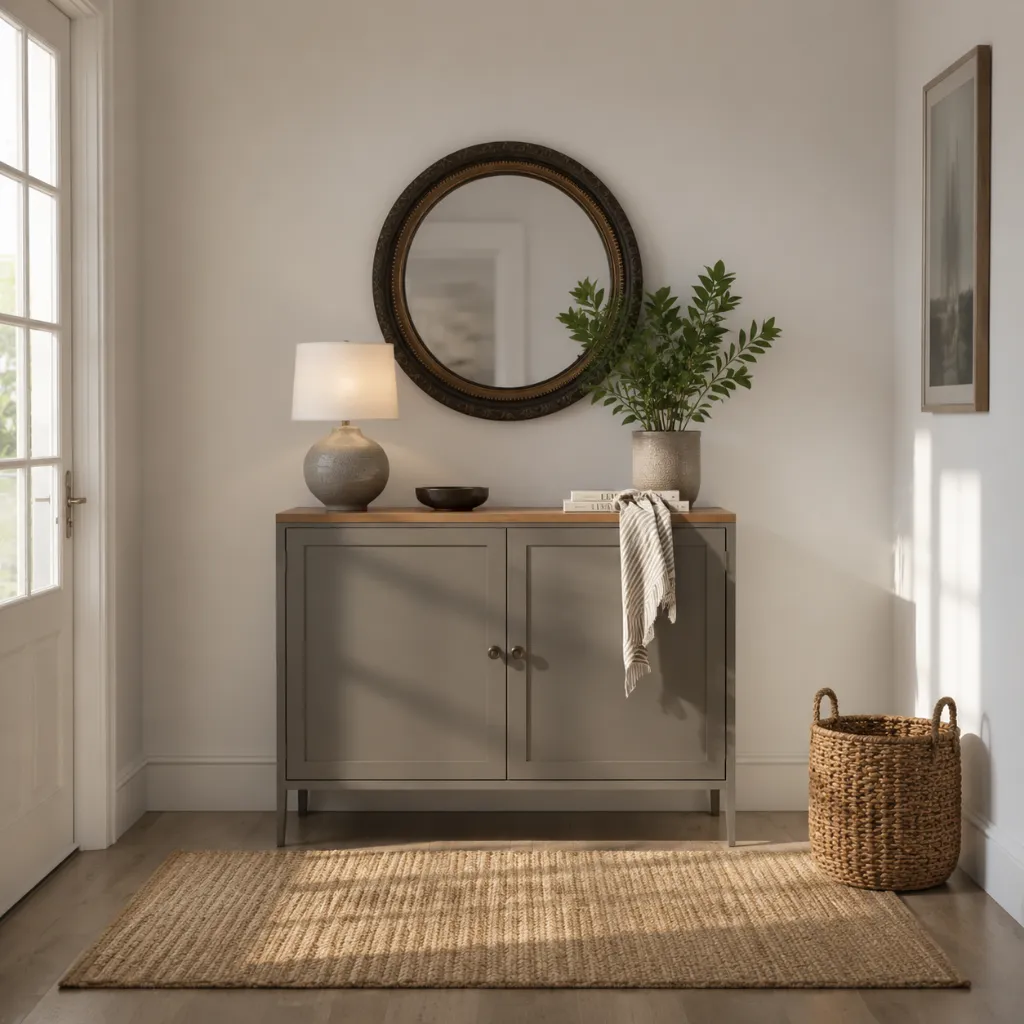 Gray shoe cabinet with open lower shelves in an entryway