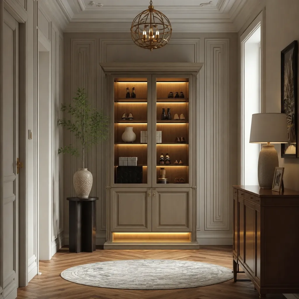 Illuminated shoe storage cabinet in a bright entryway