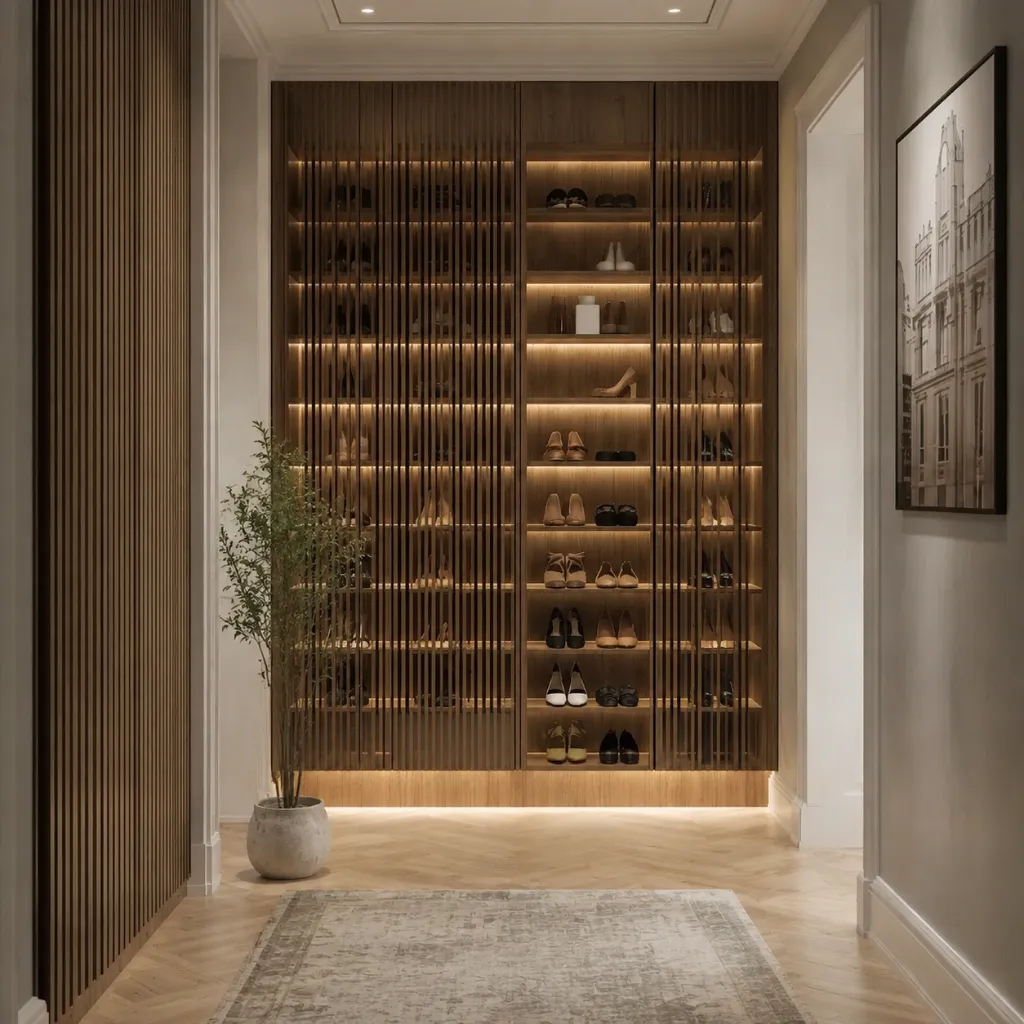 Tall illuminated wooden shoe shelving in a hallway