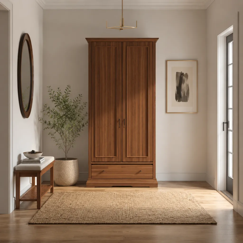 Tall wooden shoe cabinet beside a bench in an entryway