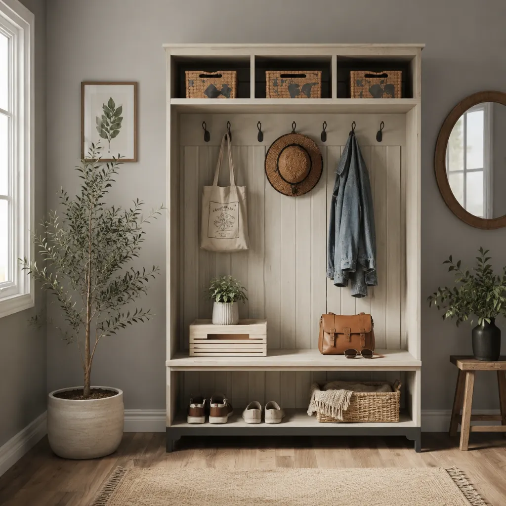 Entryway storage bench with shoe shelves and coat hooks