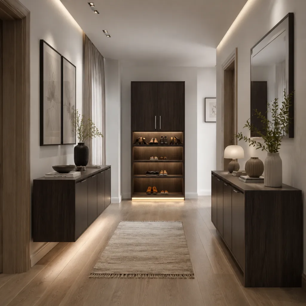 Shoe storage cabinet at the end of a hallway