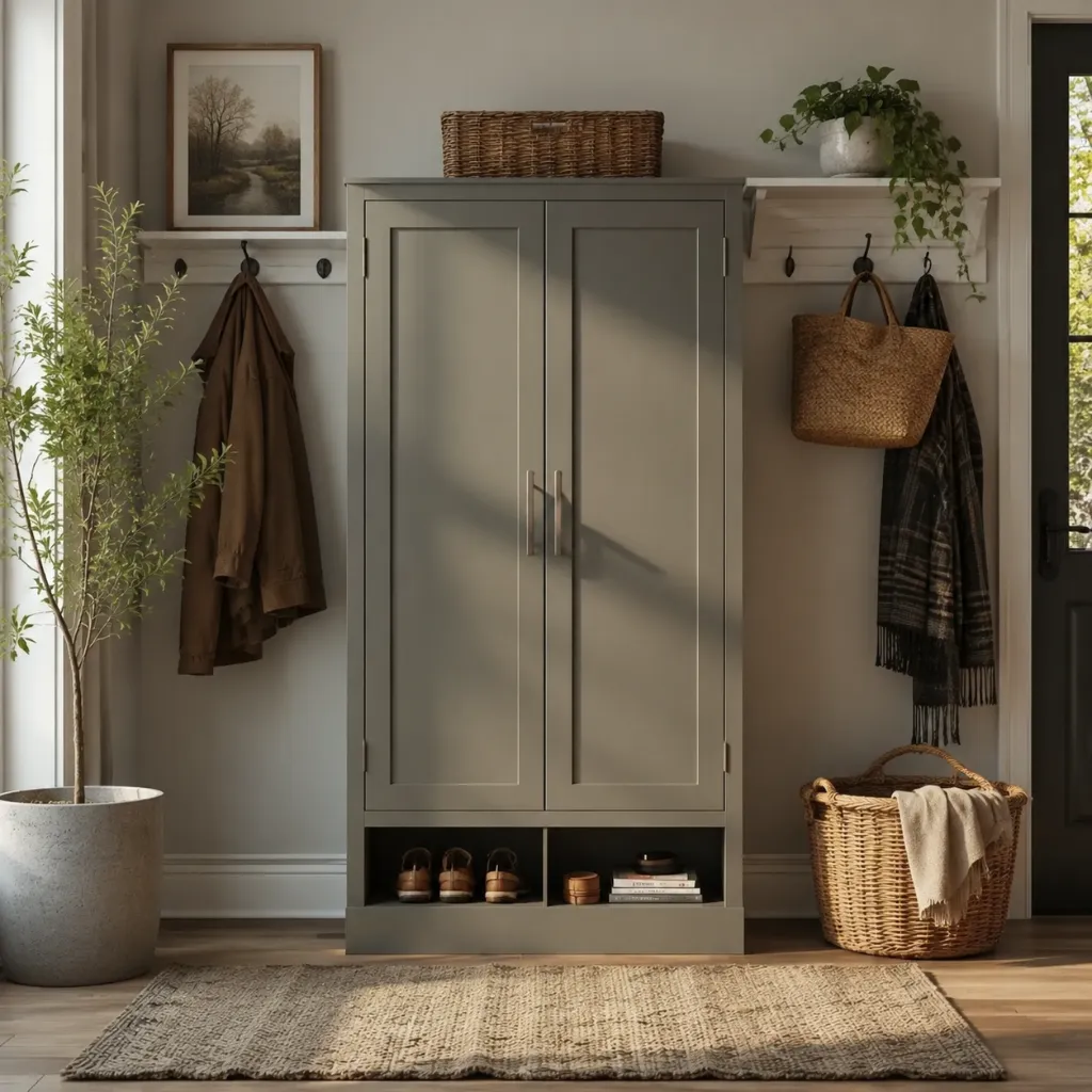 Gray entryway shoe cabinet with coat hooks