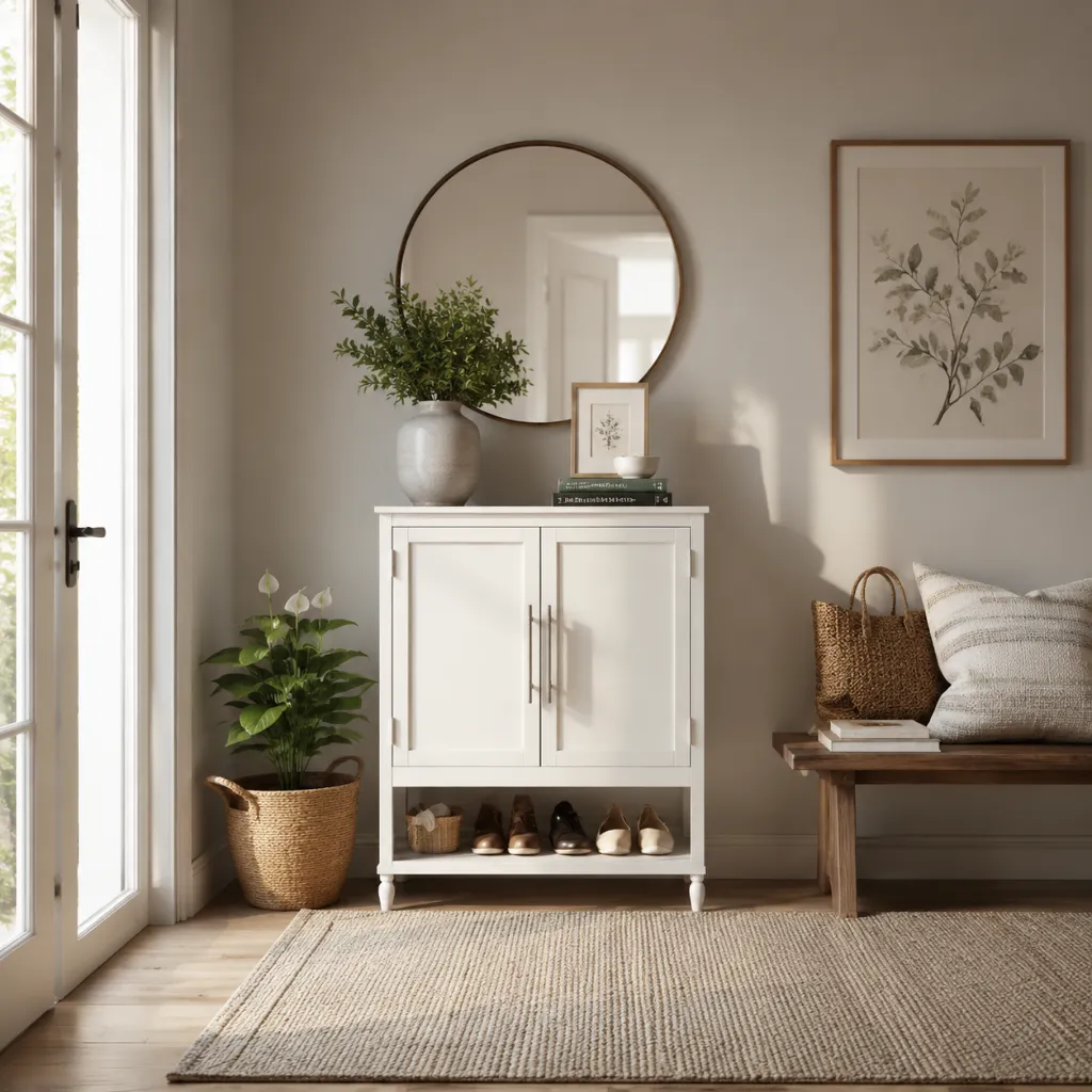 White entryway shoe cabinet beneath a round mirror