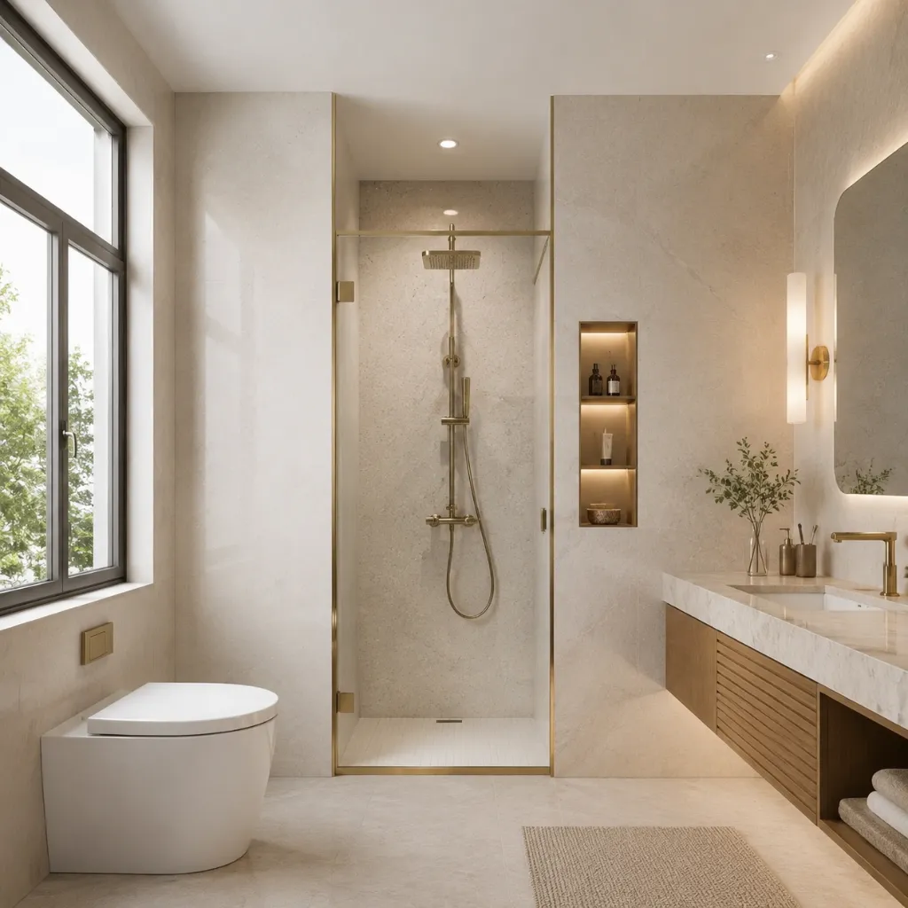 Glass shower enclosure beside a bathtub and vanity