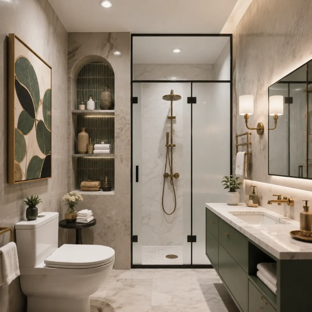Glass shower enclosure beside a long bathroom vanity