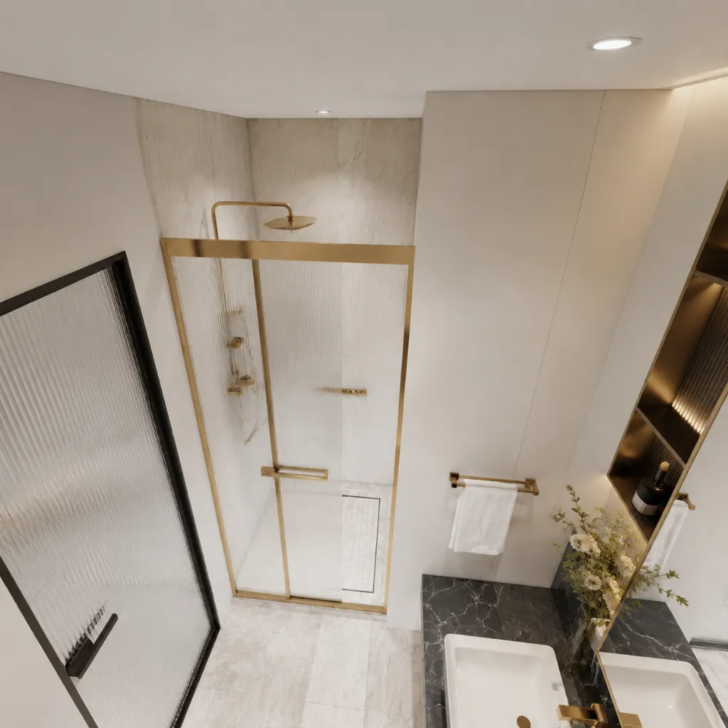 Glass shower enclosure viewed from above in a bathroom