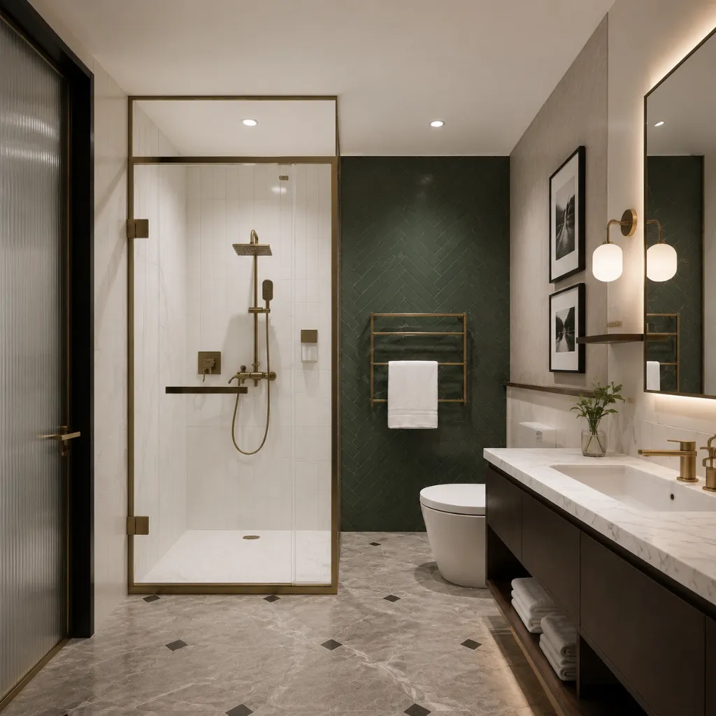 Glass shower screen beside a bathroom vanity