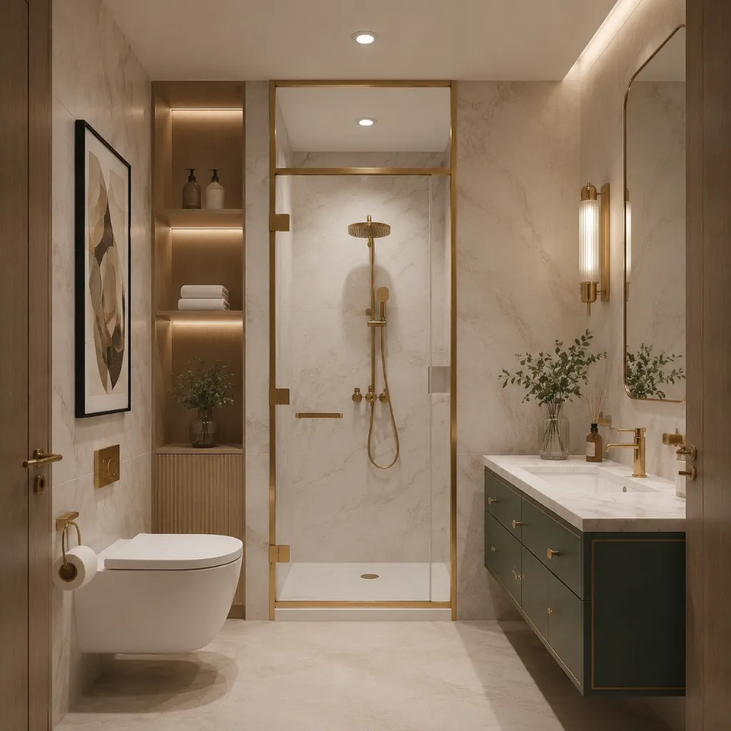 Clear glass shower enclosure with metal frame fittings