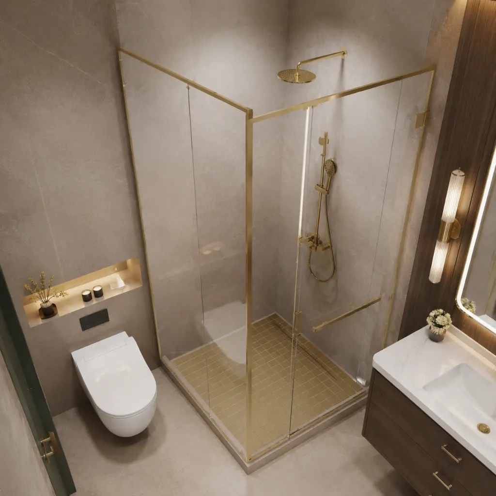 Framed glass shower enclosure in a tiled bathroom