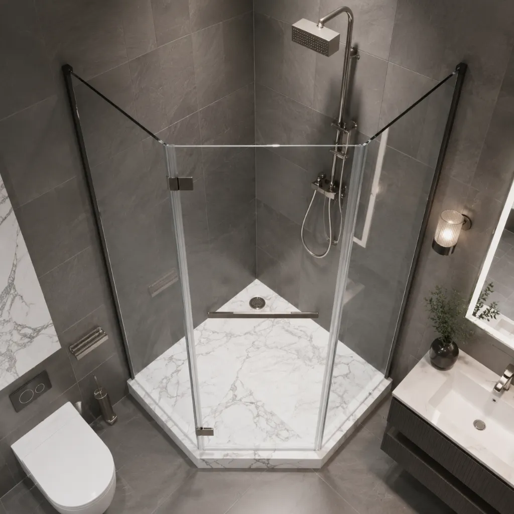 Glass shower enclosure beside a vanity and toilet