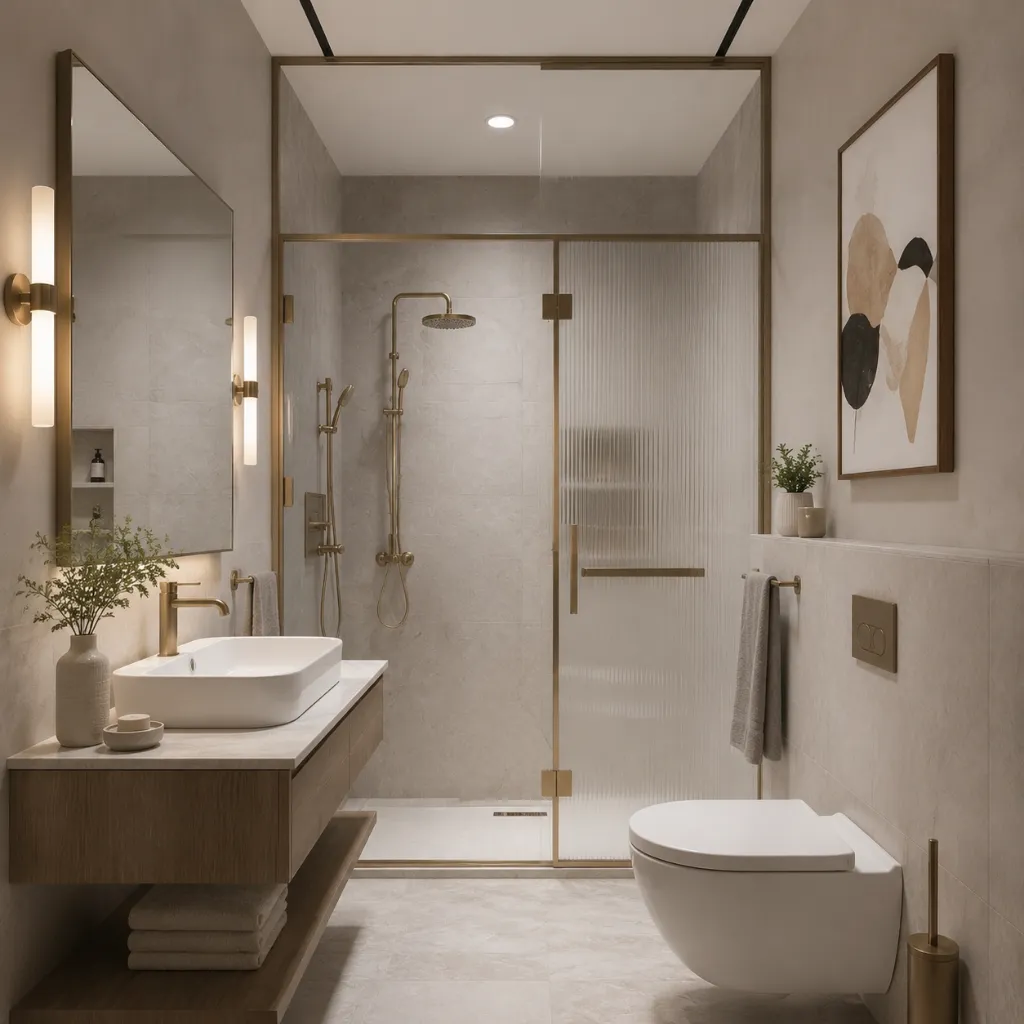 Glass shower partition beside a freestanding bathtub