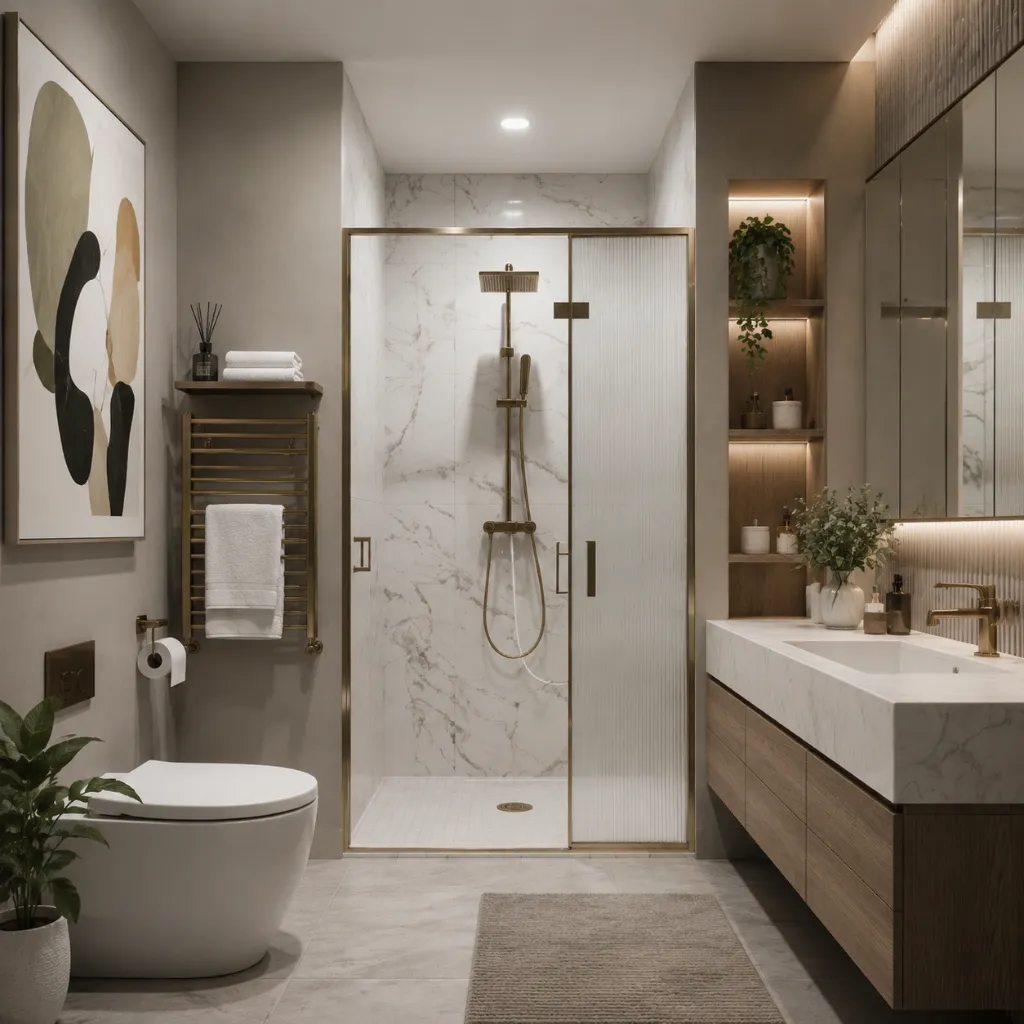 Glass shower enclosure with a rainfall shower and wall niches
