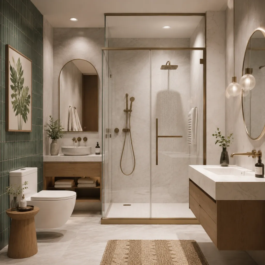 Glass shower screen in a bathroom with a tub and vanity