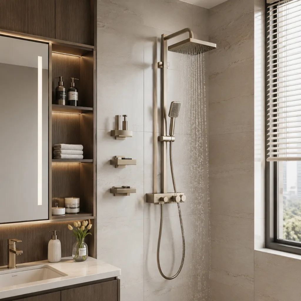 Rain shower head and handheld shower in a tiled bathroom