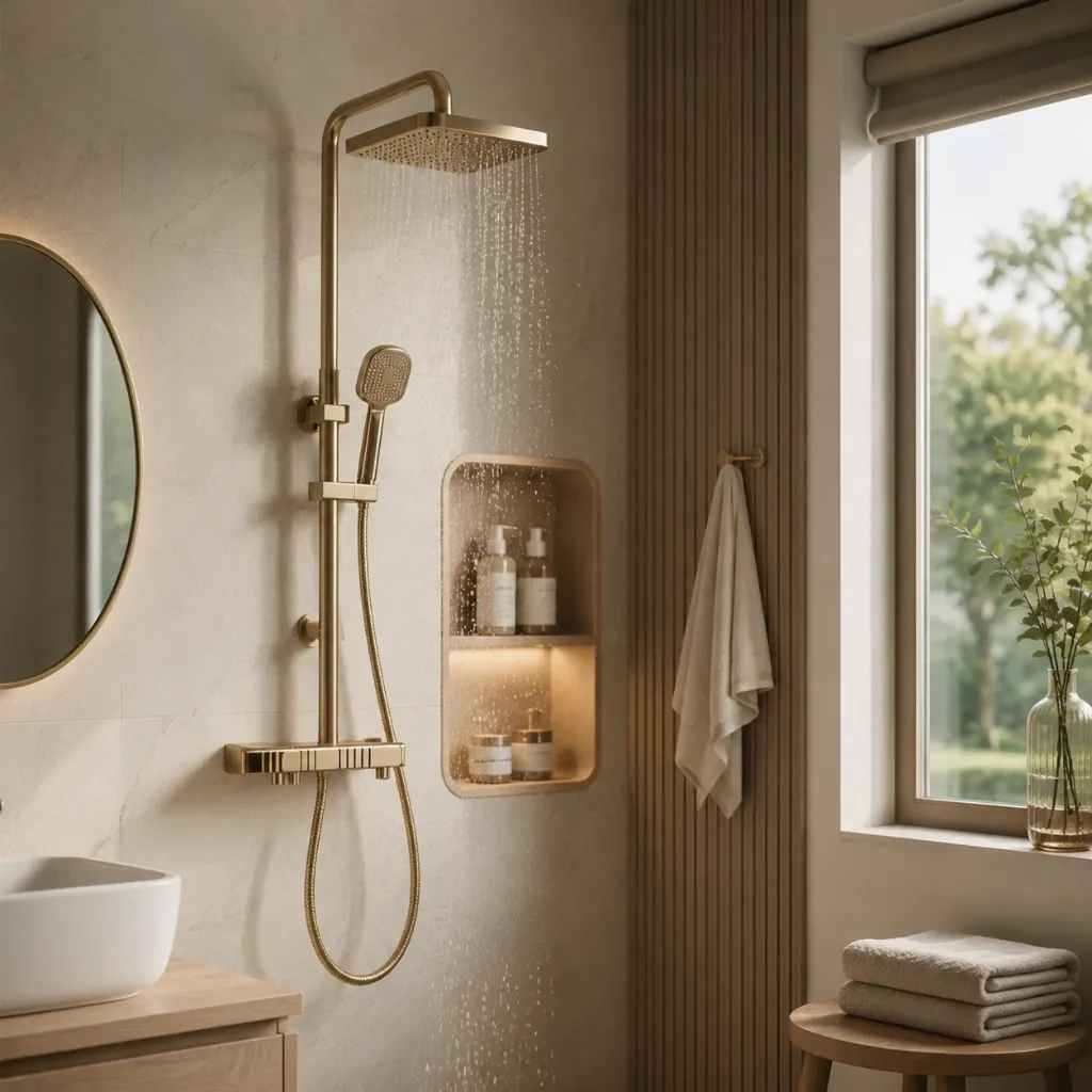 Rain shower and handheld spray beside a bathroom vanity