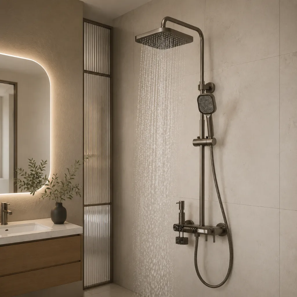 Wall-mounted rain shower and handheld shower beside a vanity