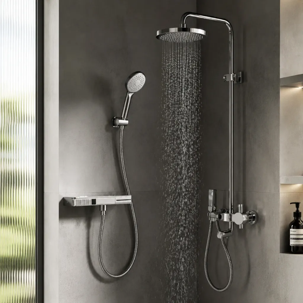 Shower head and handheld shower against a dark tiled wall