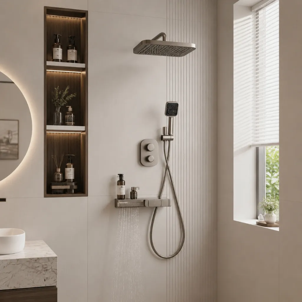 Rain shower with wall controls and a handheld shower