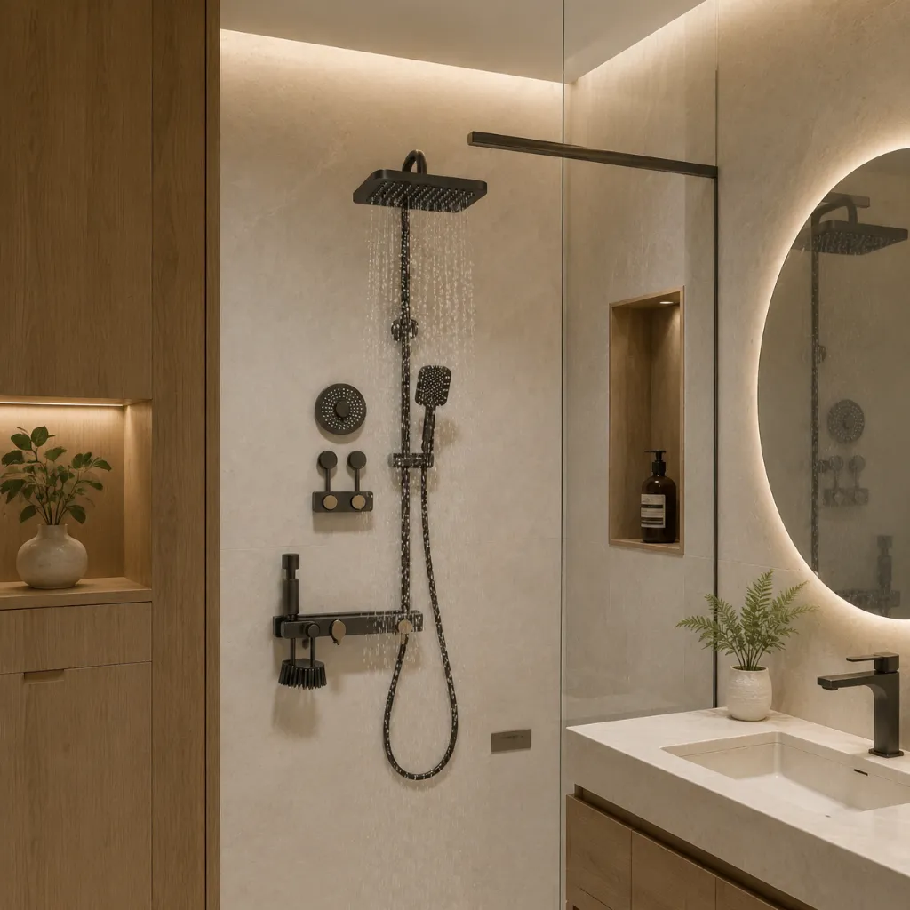 Dark shower fittings beside a bathroom mirror