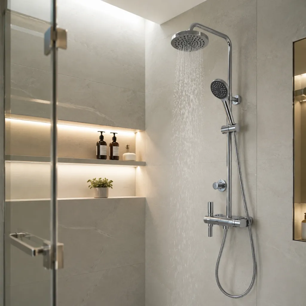 Wall-mounted rain shower and handheld spray behind a glass screen