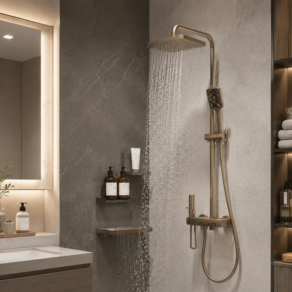 Shower head and handheld shower in a tiled shower area