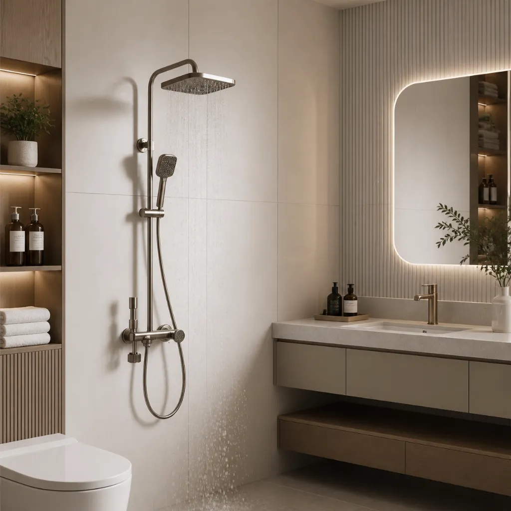 Shower fittings beside a bathroom vanity and wash basin