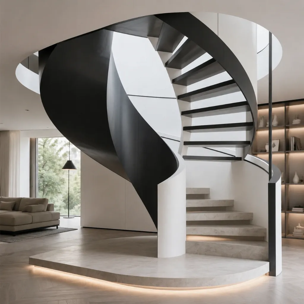 Spiral stairs with gray treads and a black curved outer wall