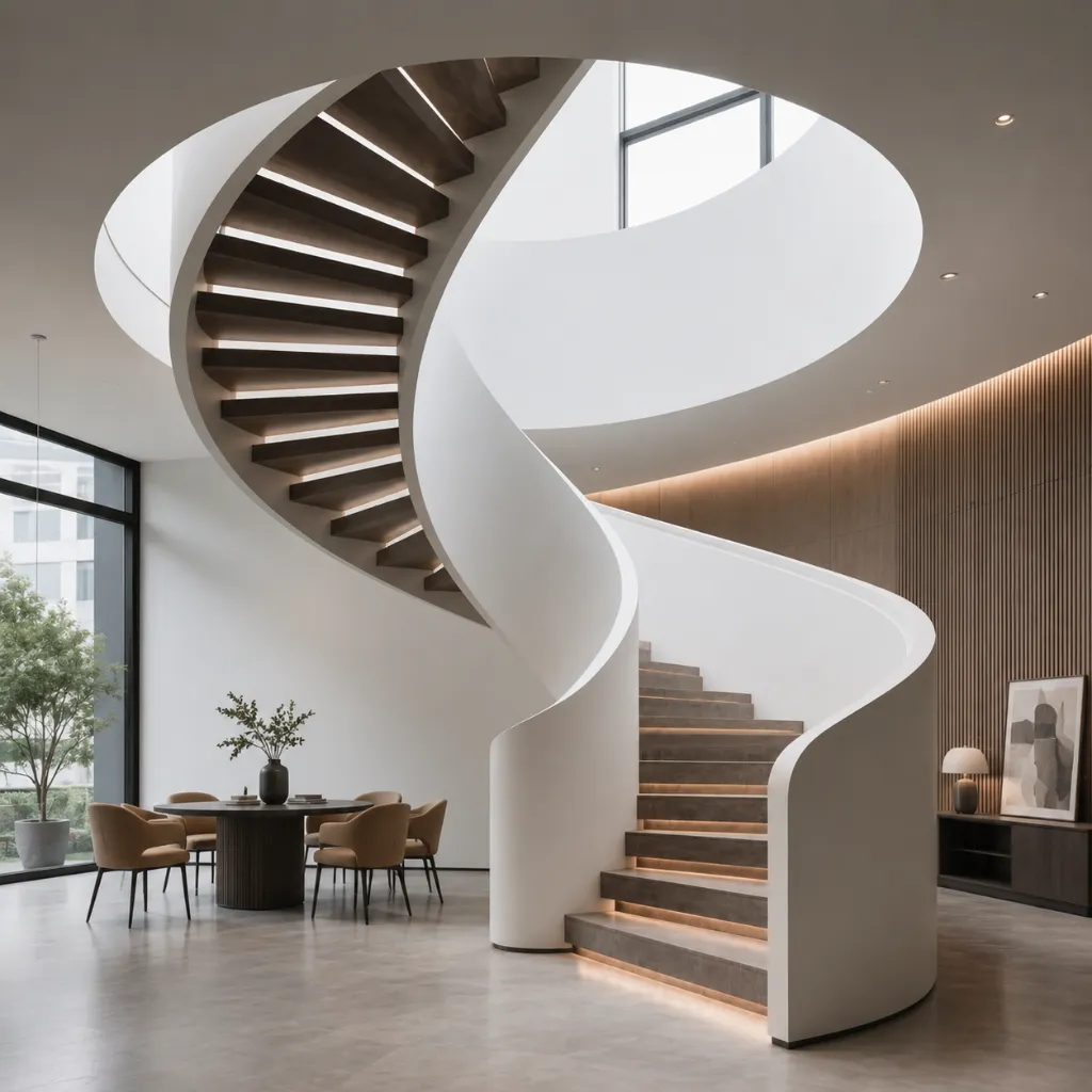 White spiral stairs with dark treads and curved solid sides