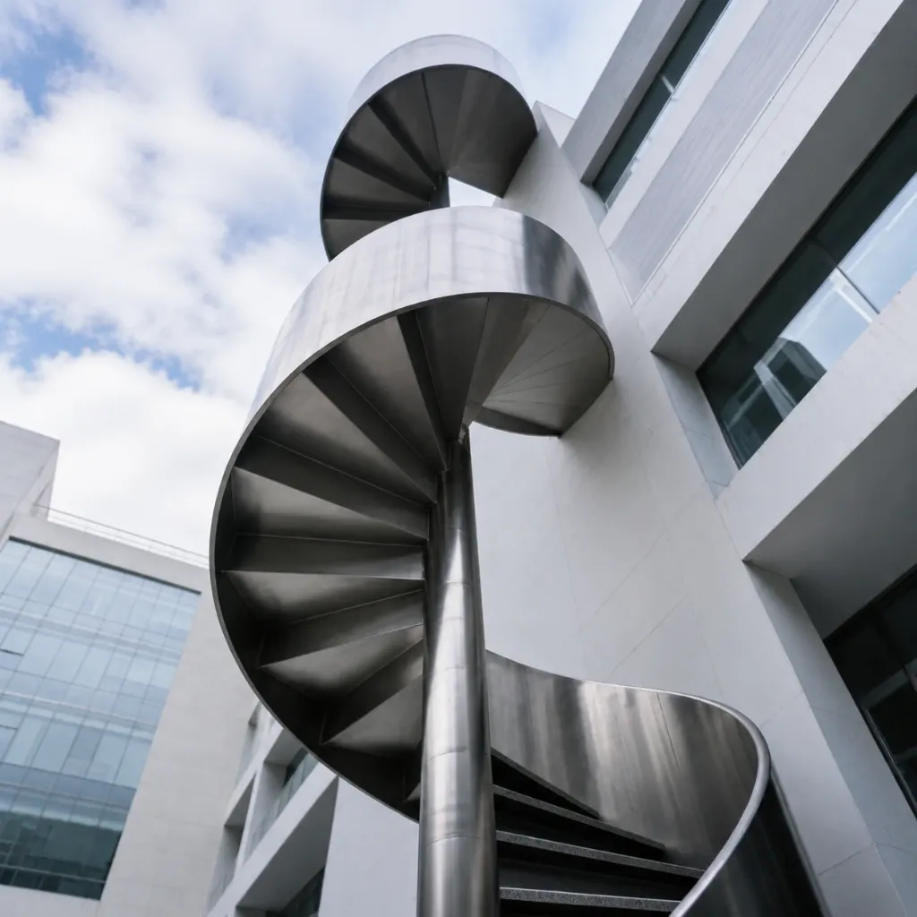 Outdoor spiral metal stairs viewed from below against a blue sky
