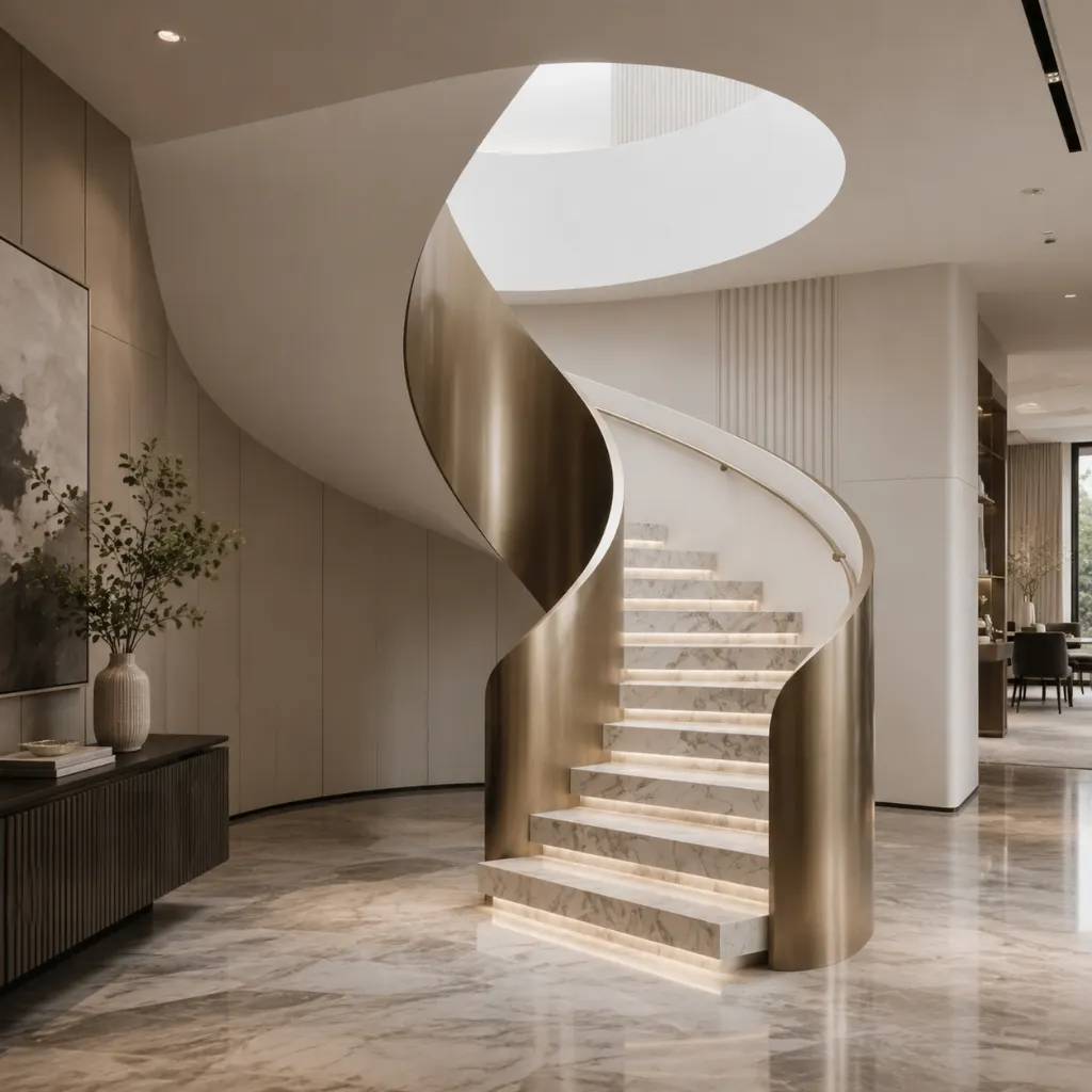 White winding stairs with light treads indoors
