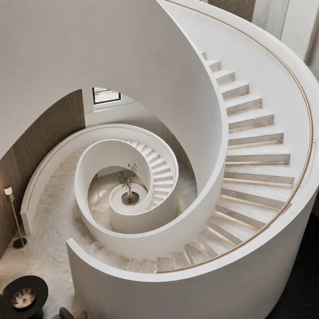 White spiral stairs viewed from above