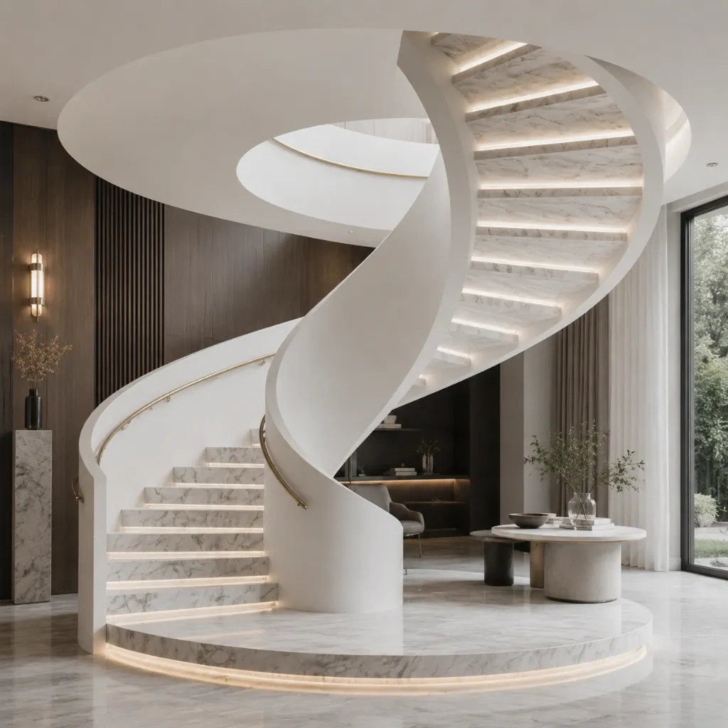 White spiral stairs in an open interior