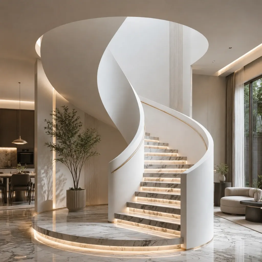 White winding stairs around a large circular opening