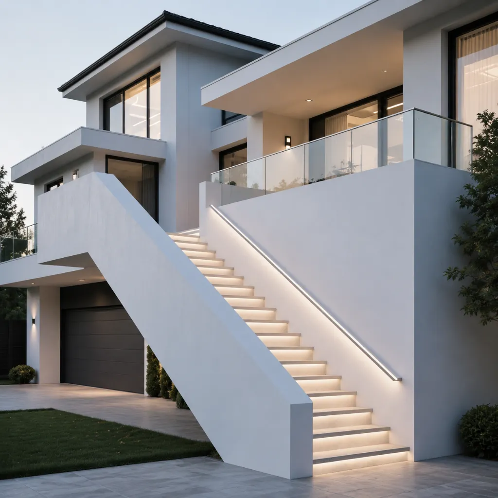 White exterior stairs with solid sides and illuminated steps