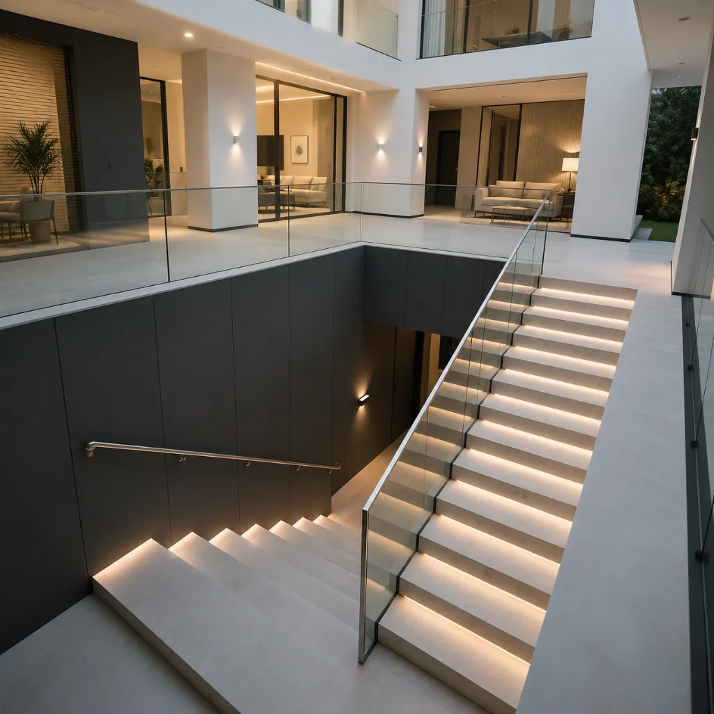 Illuminated straight stairs beside a glass door