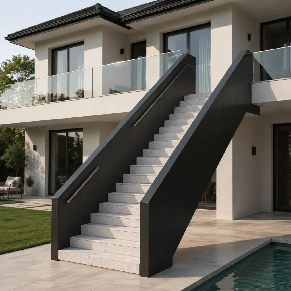 White exterior stairs with dark side walls beside a pool