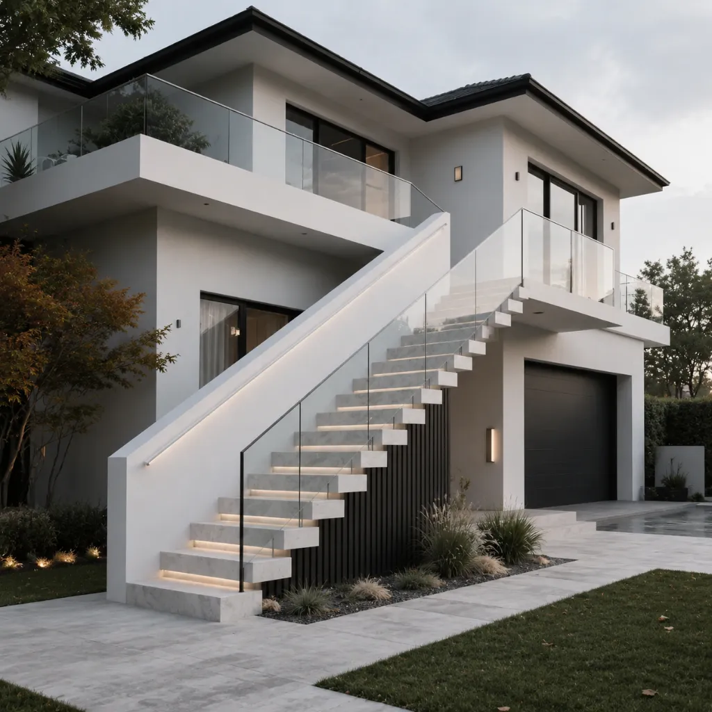 Open exterior stair treads with glass railings