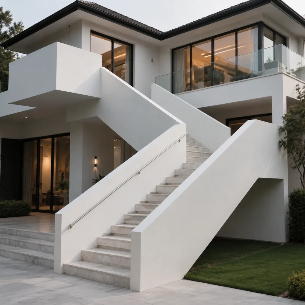 Straight exterior stairs with a white solid balustrade