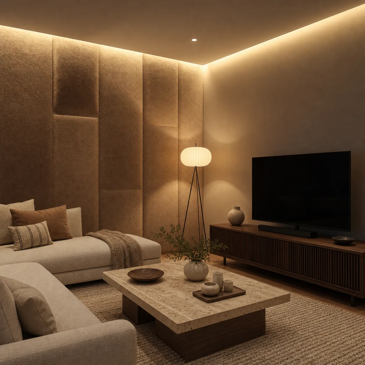 Living room with upholstered wall panels, a sofa and recessed lighting