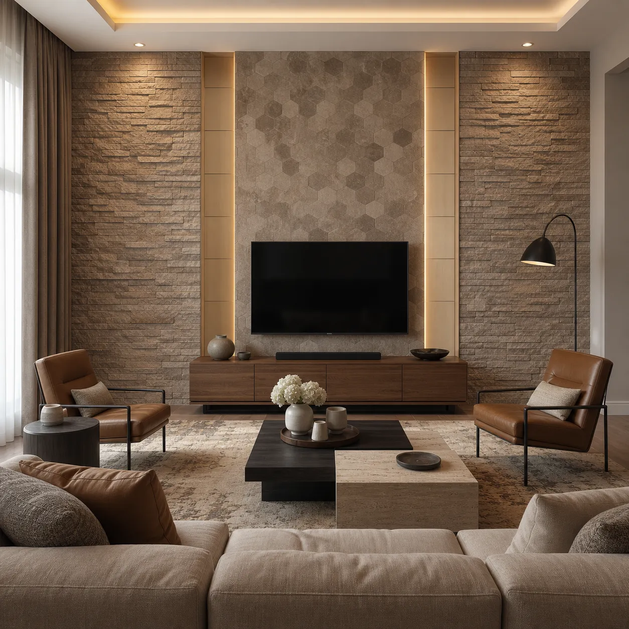 Living room with stone-pattern and wood wall panels around a television